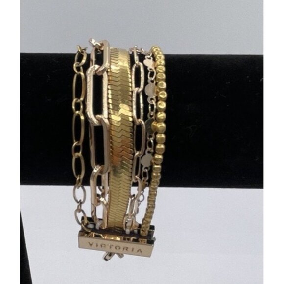 Victoria Emerson Gold Multi Strand Layered Bracelet Paperclip Herringbone Boho - Picture 1 of 6